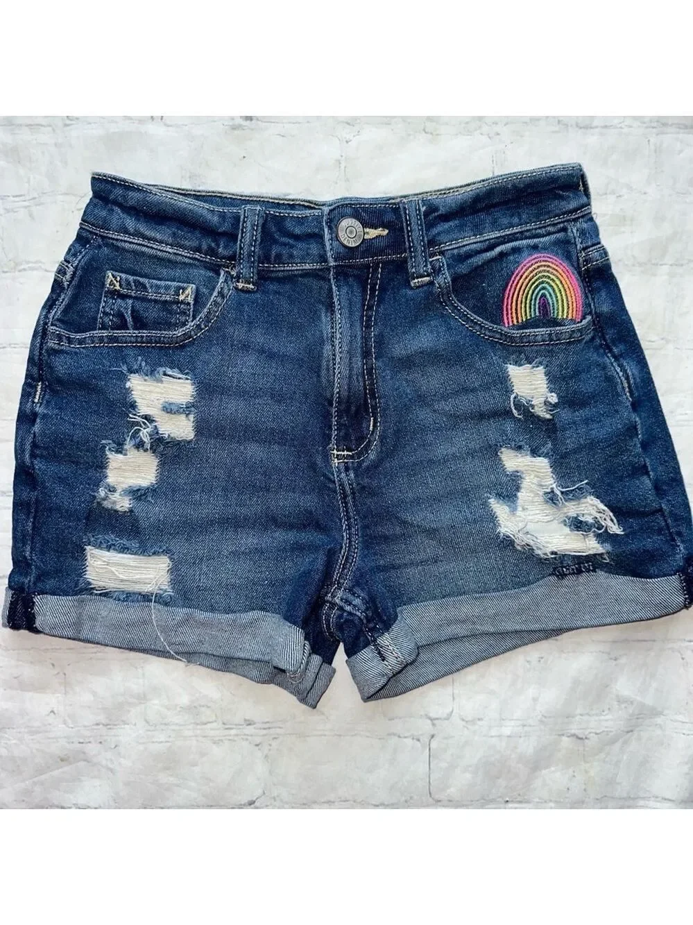 NWOT Girls Size 14 Justice Distressed Destroyed Blue Denim Jean Shorts Rainbow